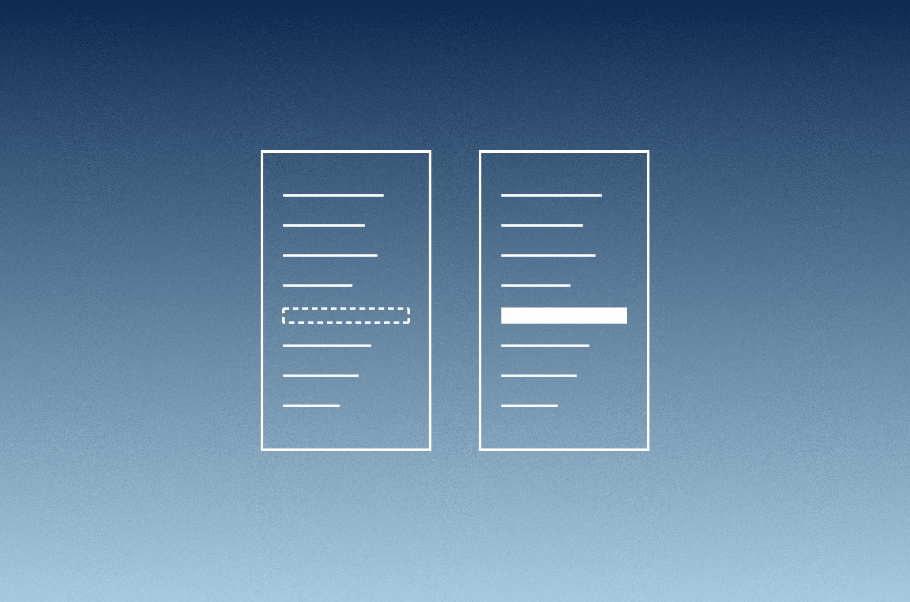 Abstract blue illustration of two document outlines side by side, with one line in the right-hand document drawn as a solid bar and a dashed box in the same place on the left.