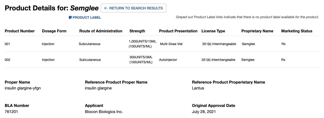 The Purple Book record for Semglee, showing the 351(k) Interchangeable license type and Lantus as the reference product.